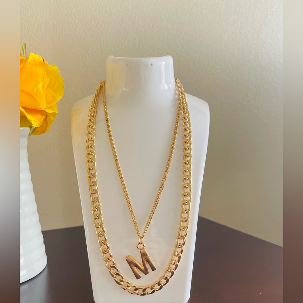 Vintage Two Layer Letter M Pendant Necklace 14K Gold Plated Chunky Chain Jewelry